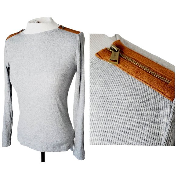 Lauren Ralph Lauren Top Ribbed Zip Shoulder Preppy Academia Cotton Grey XS - Picture 1 of 10